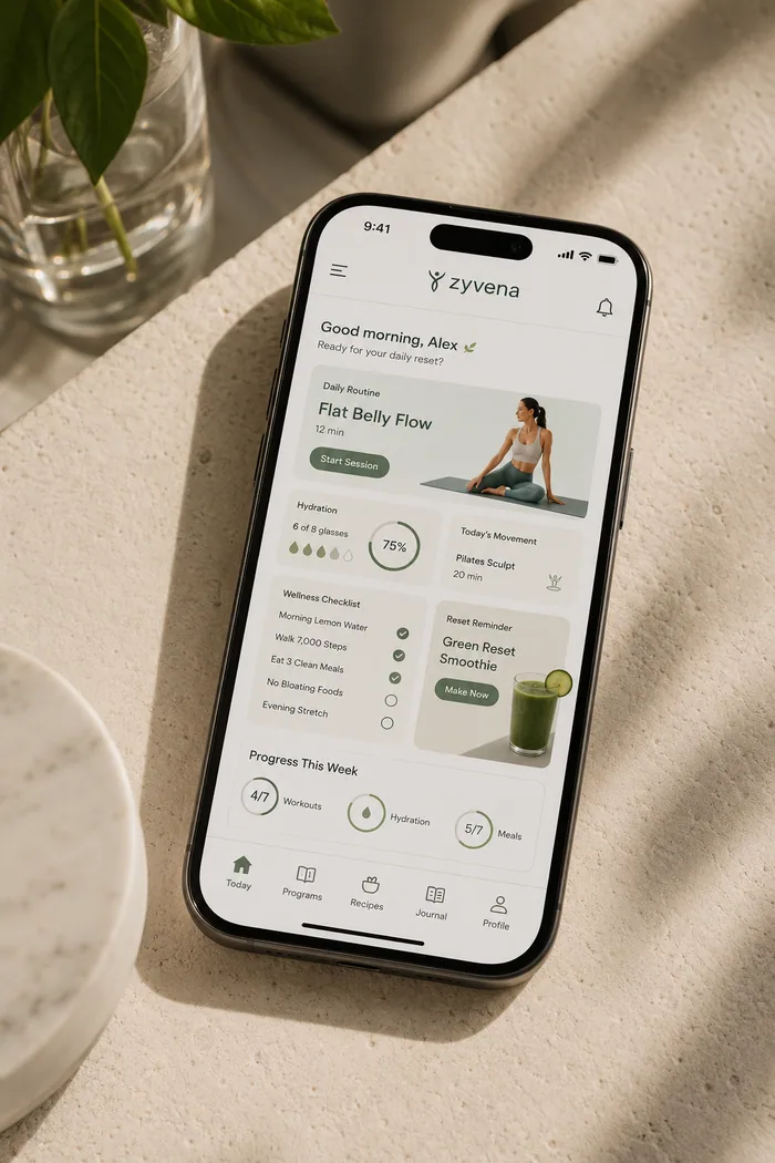 Zyvena app showing daily wellness dashboard on phone